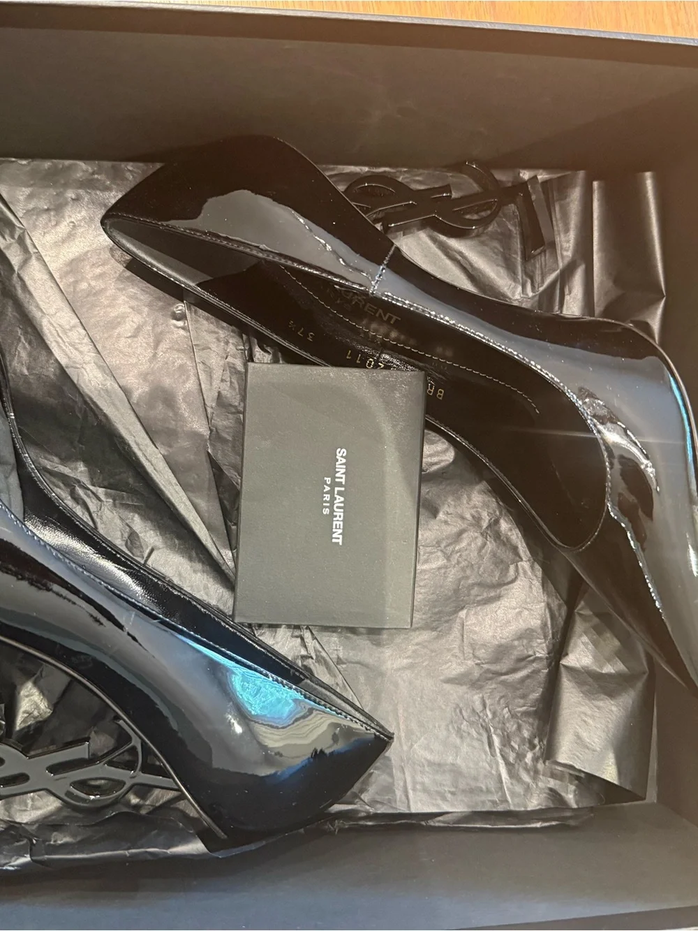 Saint Laurent Black Patent Opyum Logo Heel Pointed Pumps - Picture 6 of 7